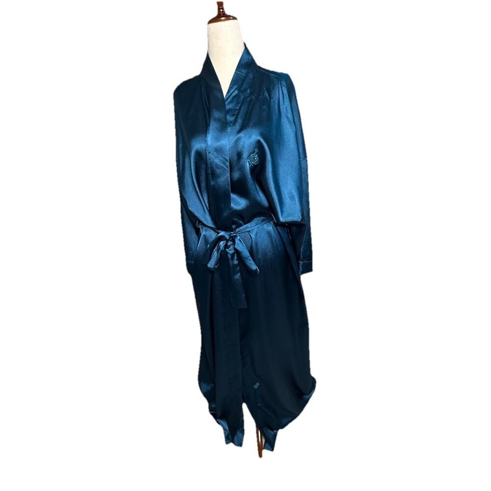 Christian Dior Vintage‎ Women’s Robe Size Large Teal Blue Satin Long Belted - Picture 2 of 10